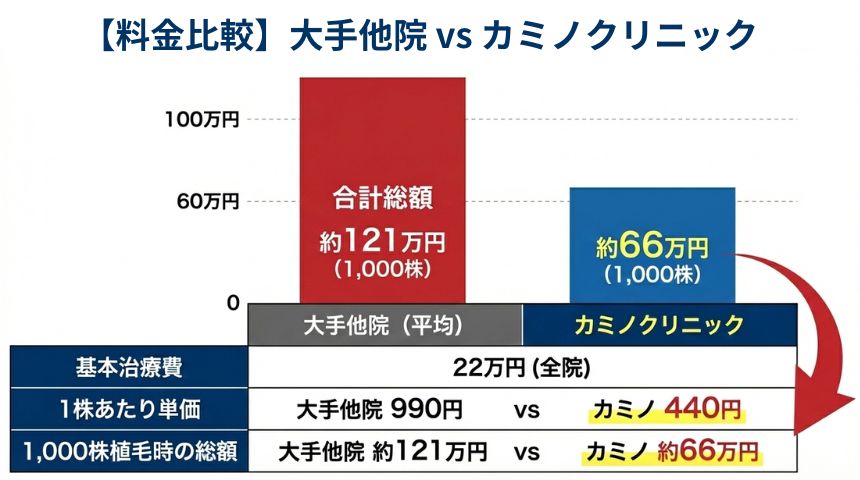 カミノクリニックと大手他院（アイランドタワー・親和）の植毛費用総額の比較シミュレーション