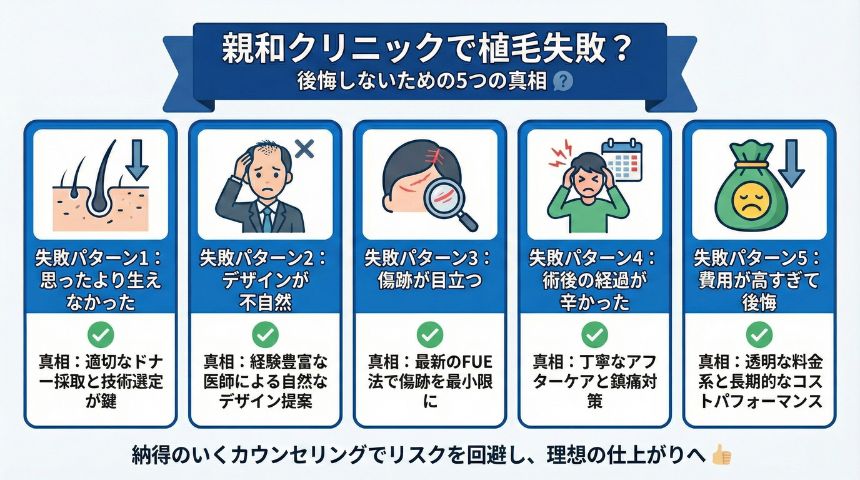 親和クリニックの植毛の失敗を説明しているイラスト