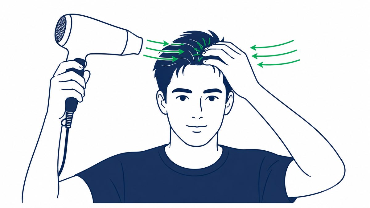 前髪の根元を指の腹で擦りながらドライヤーを左右から当てて生え癖をリセットする乾かし方の図解