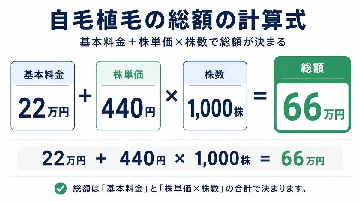 自毛植毛の総額の計算式（基本料金22万円＋株単価440円×1,000株＝66万円）