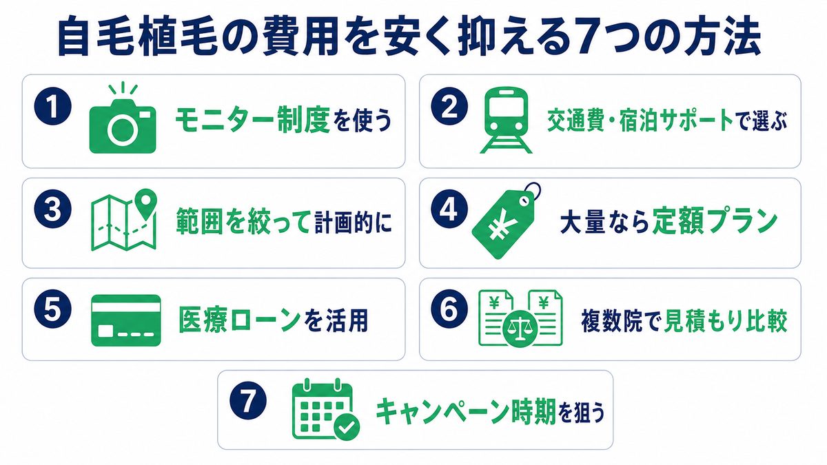 自毛植毛の費用を安く抑える7つの方法の一覧図解