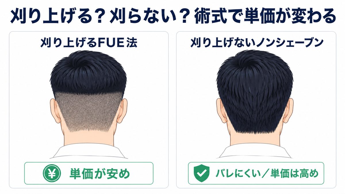刈り上げるFUE法と刈り上げないノンシェーブン植毛の違いと単価を比較したイラスト