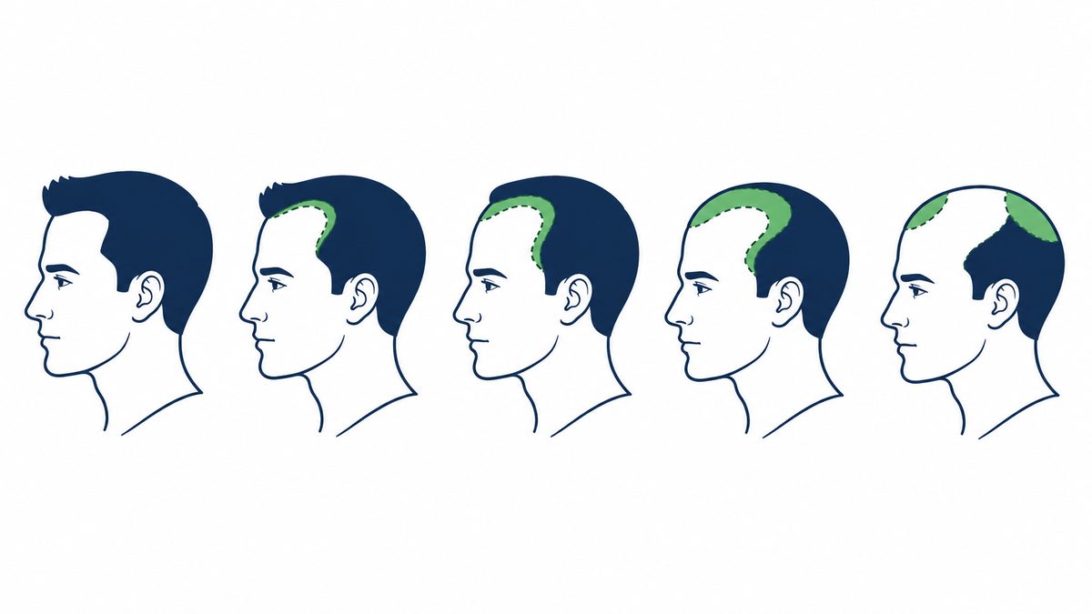 ハミルトン・ノーウッド分類にもとづき生え際が段階的に後退していく進行パターンの図解