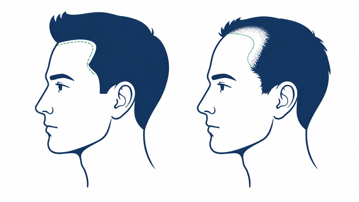 生まれつき額が広い生え際と、後退が進んで境界がぼやけた生え際を左右で比較した図解