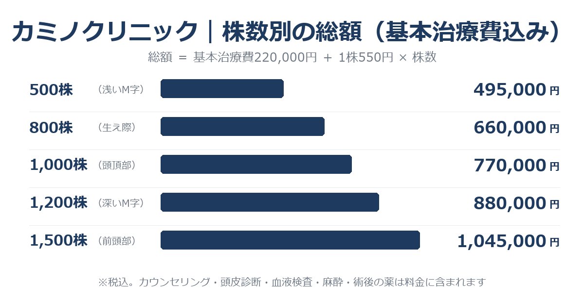 カミノクリニックの株数別の総額(500株49.5万円〜1,500株104.5万円・基本治療費込み)